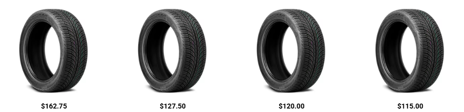 Vehicle tire comparison showing winter tire and all-season tire used in cold weather driving.