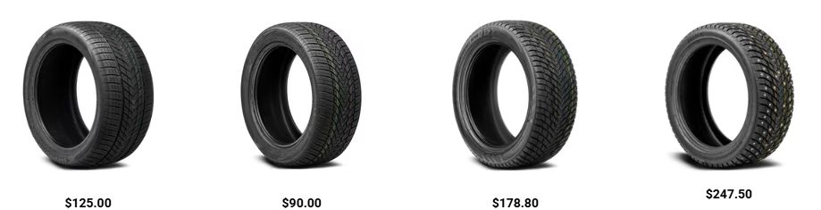 Winter tire mounted on vehicle driving on snow compared with standard all-season tire.