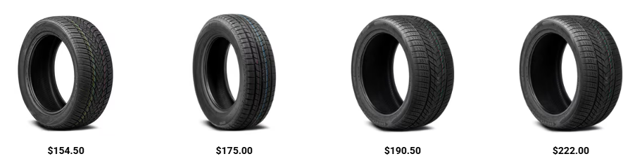 Vehicle with winter tires driving on snowy road during winter season.