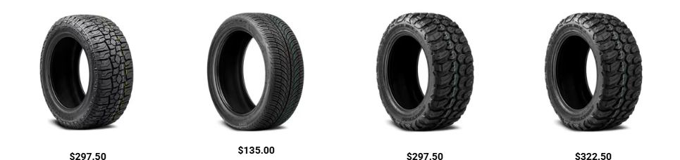 Pickup truck with large 33-inch or 35-inch off-road tires demonstrating wheel well clearance on a stock suspension without a lift.