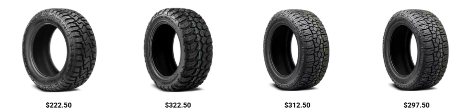 Pickup truck with oversized tires illustrating a tire size upgrade and possible warranty considerations.