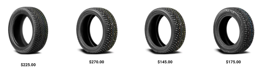 Close-up of a studded winter tire showing metal studs designed for traction on icy roads.