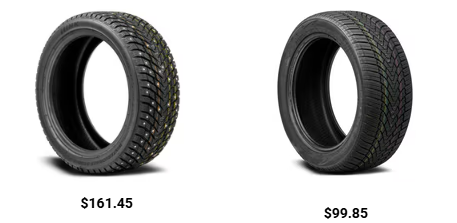 Close-up of metal studs in winter tire tread used for driving on icy roads.