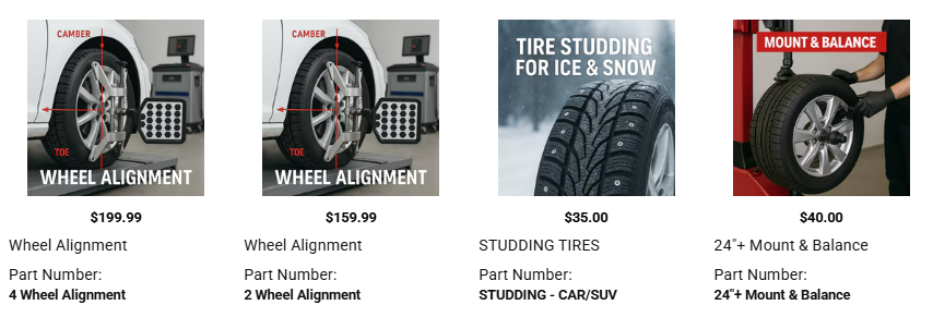 Mechanic performing wheel alignment on a car after installing new tires using alignment equipment.