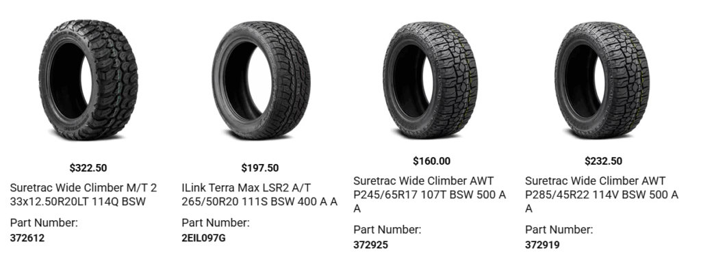 Truck with all-terrain tires driving on a dirt and gravel road for improved traction.