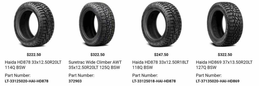 Set of four tires mounted on rims showing complete wheel and tire package deal.
