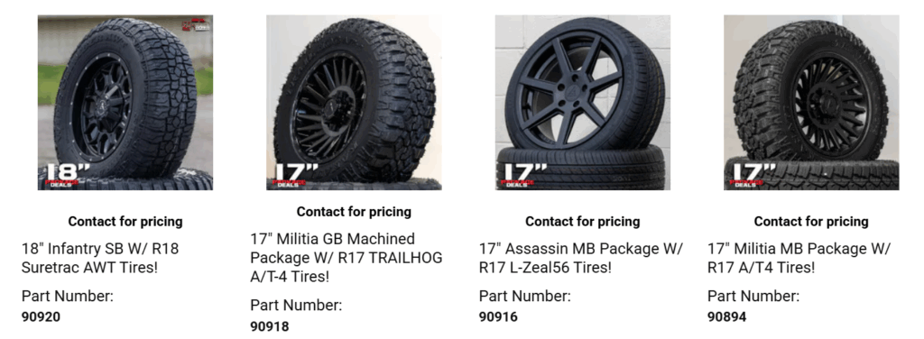 Alloy rims with mounted tires displayed in auto shop showing bundled package pricing.
