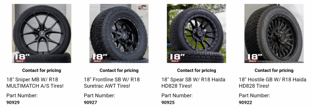 Stack of new tires with rims showing full wheel package pricing and installation included.