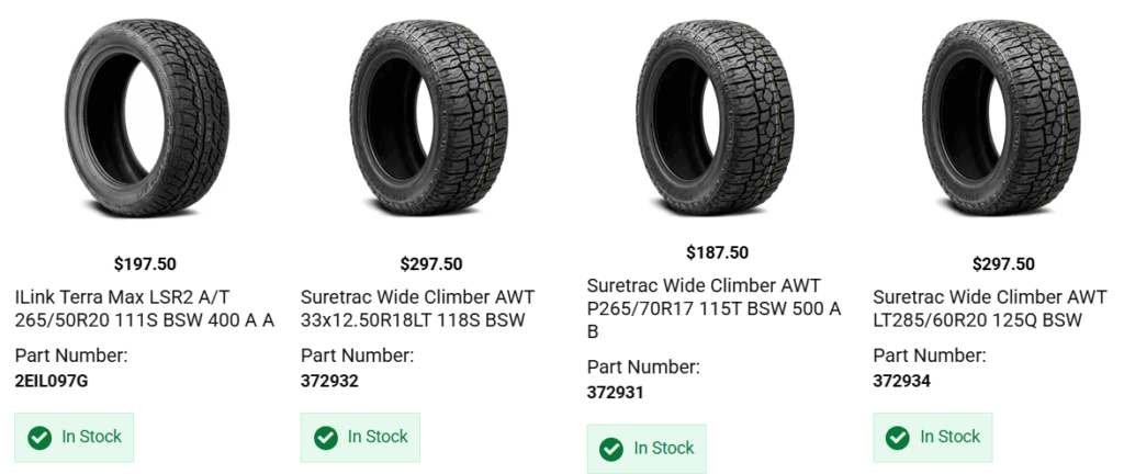 All-terrain tire comparison for Ford F-150 showing highway comfort and off-road traction