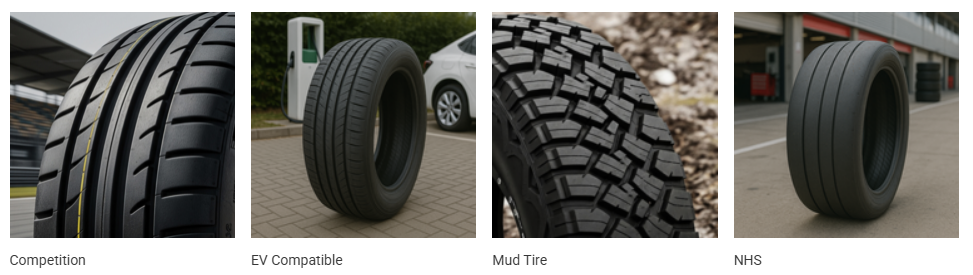 Comparison of tire wear patterns including cupping feathering center wear and edge wear