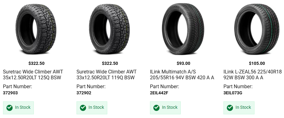 All-terrain and street performance tires mounted on custom truck wheels for vehicle upgrade