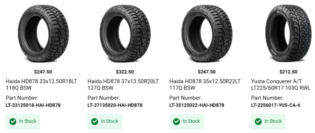 Comparison of all-terrain and highway tires on truck wheels for summer driving conditions