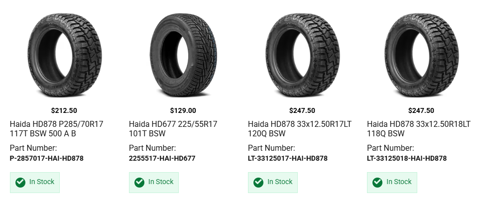 Haida all-terrain tires installed on lifted truck with aftermarket wheels