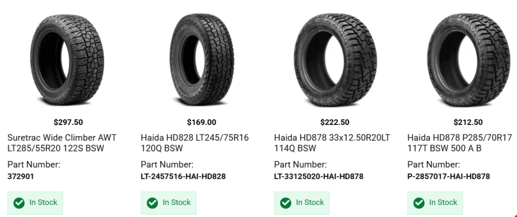 Lifted truck equipped with all-terrain tires for summer off-road and highway driving