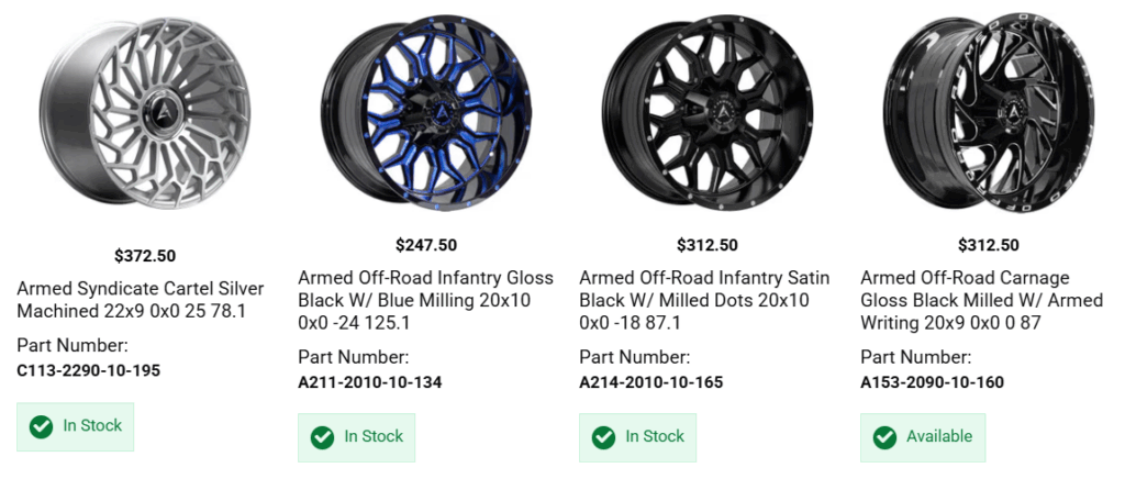 Performance tires mounted on aftermarket rims designed for improved handling