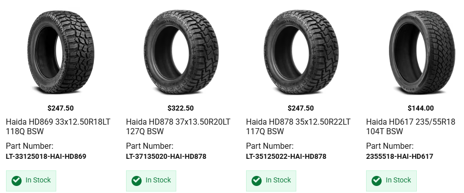 Haida mud-terrain tires with aggressive tread pattern on lifted pickup truck