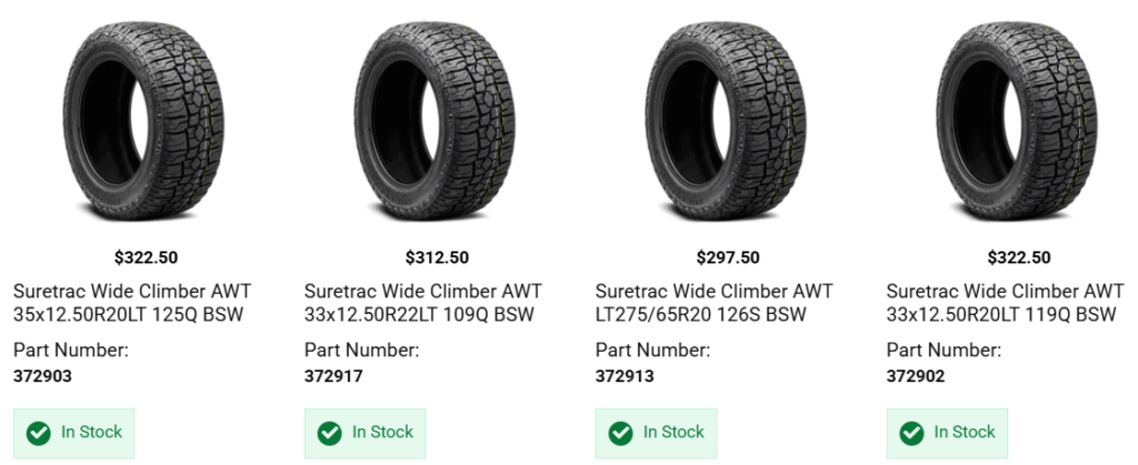 Custom truck wheel and tire package featuring all-terrain and highway tire choices